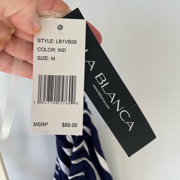 NWT La Blanca, women’s medium, navy white on or off-shoulder romper w/drawstring - Picture 5 of 5